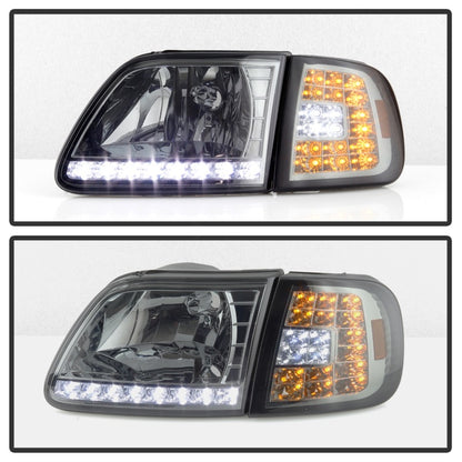 Xtune Ford F150 97-03 Crystal Headlights w/ Clear LED Corners Smoke HD-ON-FF15097-LED-SET-SM