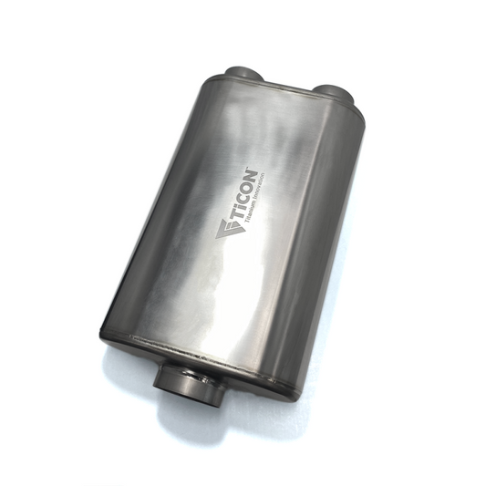 Ticon Industries 17in OAL 3in Thin Oval Matte Finish Titanium Muffler - 3in Center In/2.5in Dual Out