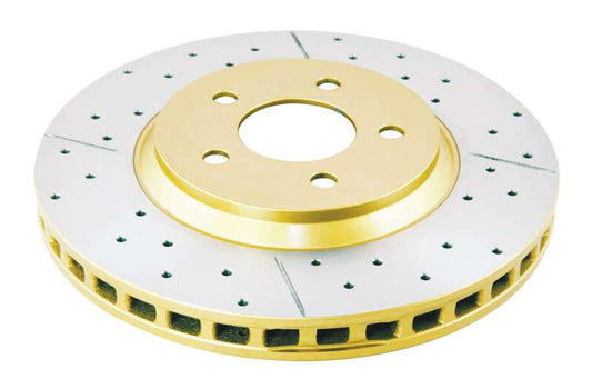 DBA 05-14 Ford Mustang GT Front Street Series Drilled & Slotted Rotor w/Gold Hat