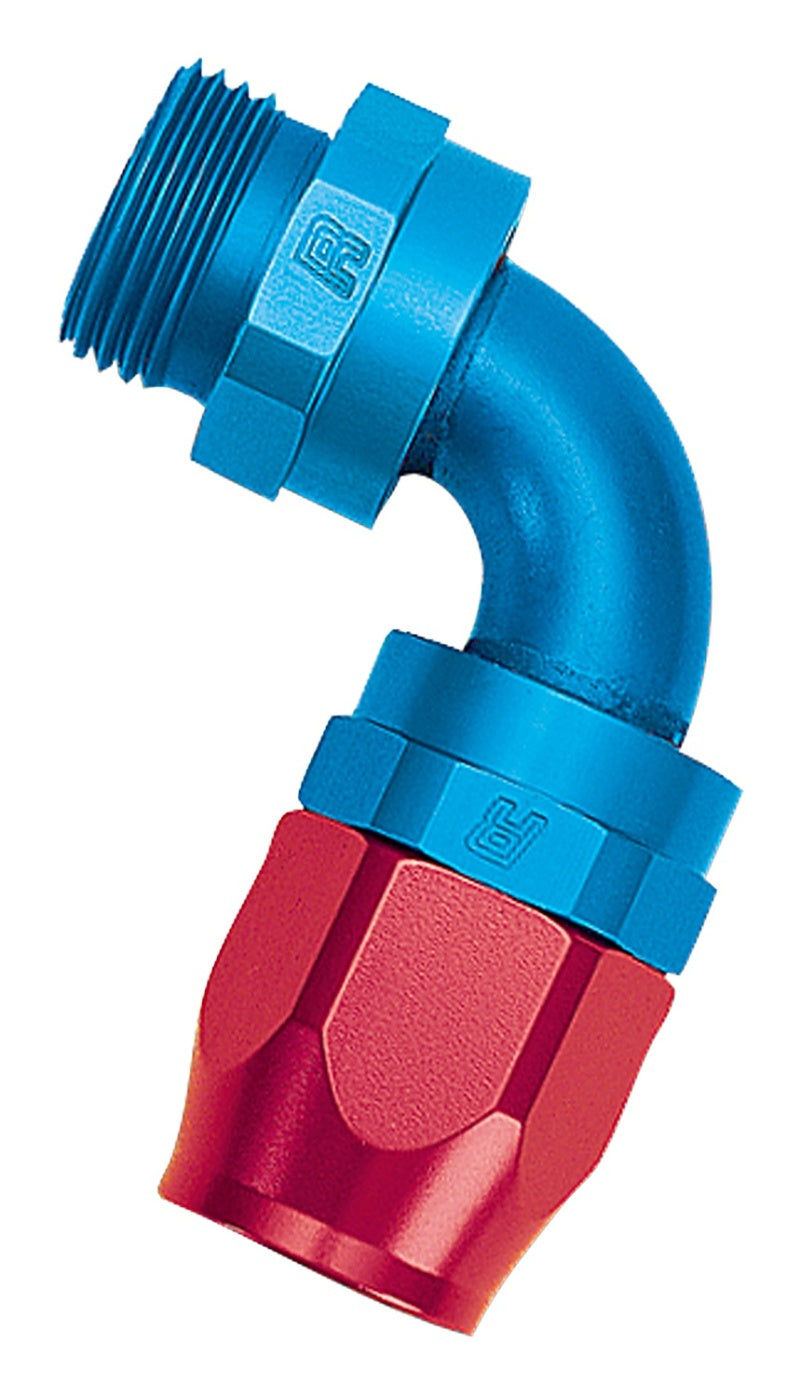 Russell Performance Swivel Hose End Assy #10 AN Male SAE Port to #8 Hose 90 Deg Red/Blue Anodized