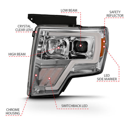 ANZO 2009-2013 Ford F-150 Projector Light Bar G4 Switchback Headlights Chrome Amber