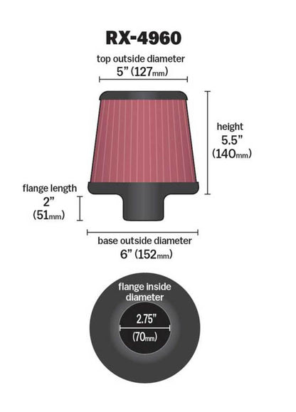 K&N Filter Universal X Stream Clamp-On 2.75in Flange ID / 6in Base OD / 5in Top OD / 5.5in Height