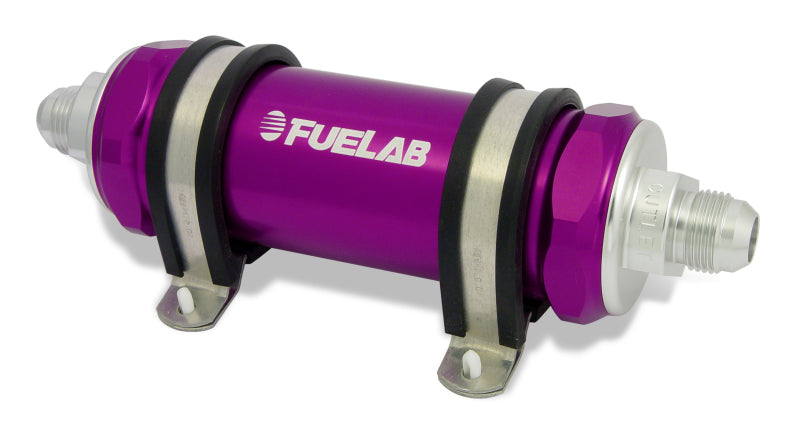 Fuelab 858 In-Line Fuel Filter Long -10AN In/Out 40 Micron Stainless w/Check Valve - Purple