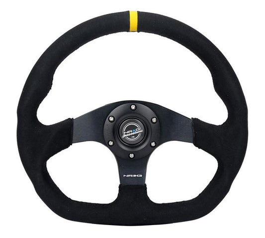 NRG Reinforced Steering Wheel (320mm) Sport Alcantara Dual Push Buttons Flat Bottom w/Yellow Center