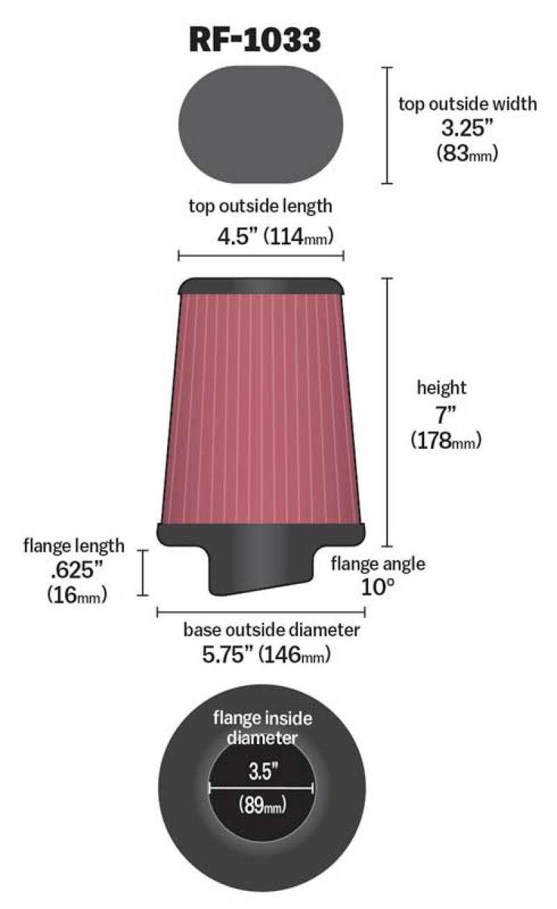 K&N Uni Oval Tapered Air Filter 3.5in 10 Deg. Flg / 3.25in T OW / 4.5in T OL / 5.75in B / 7in H