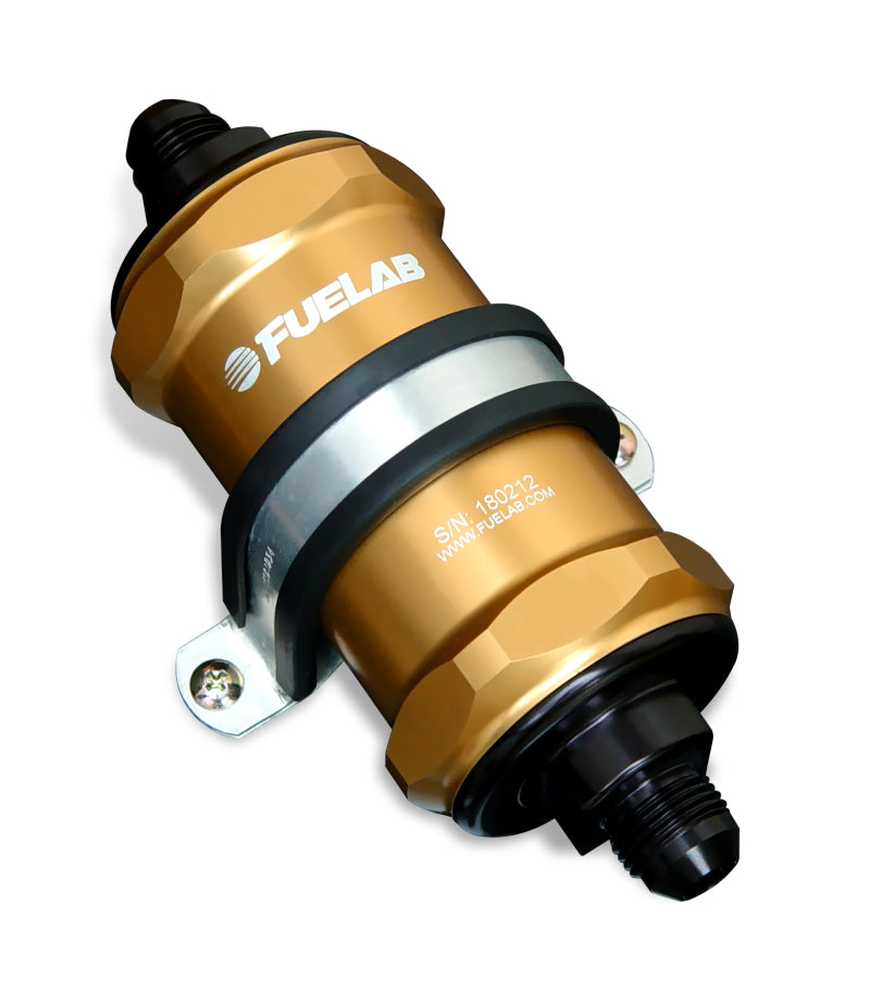 Fuelab 818 In-Line Fuel Filter Standard -12AN In/Out 40 Micron Stainless - Gold