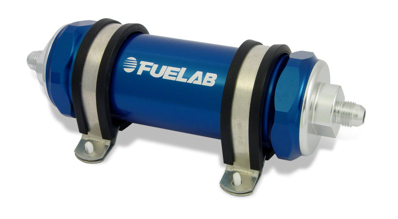 Fuelab 828 In-Line Fuel Filter Long -8AN In/Out 10 Micron Fabric - Blue