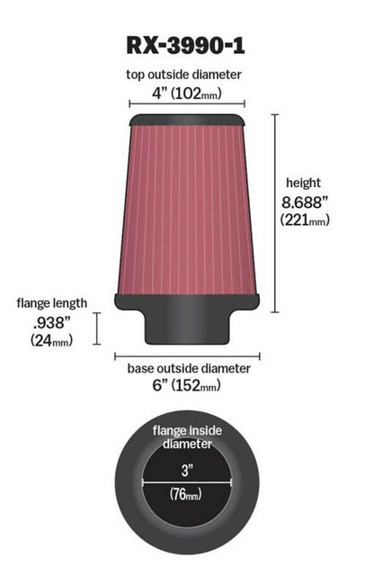 K&N Filter Universal X Stream Clamp-On 4in Top OD x 6in Base OD x 8.688in H x 3in Flange ID