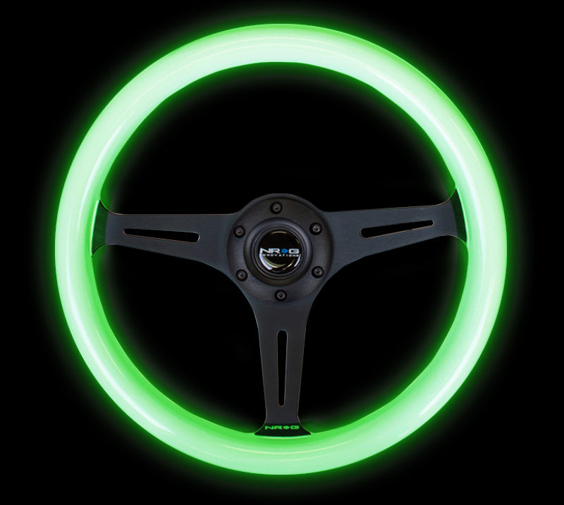 NRG Classic Wood Grain Steering Wheel (350mm) Glow-N-The-Dark Green Grip w/Black 3-Spoke Center