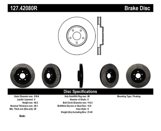 StopTech 06-07 350Z / 05-07 G35 exp Sport/ 06-07 G35X SportStop Slotted & Drilled Front Right Rotor