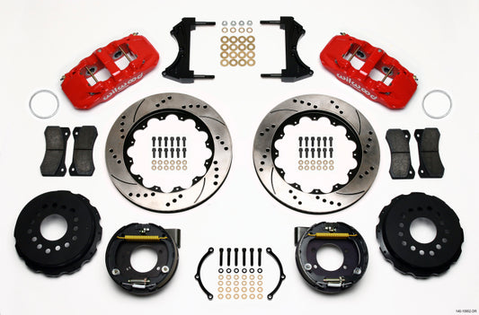Wilwood AERO4 Rear P-Brake Kit 14.00in Drill Red Ford 8.8 w/2.5in Offset-5 Lug