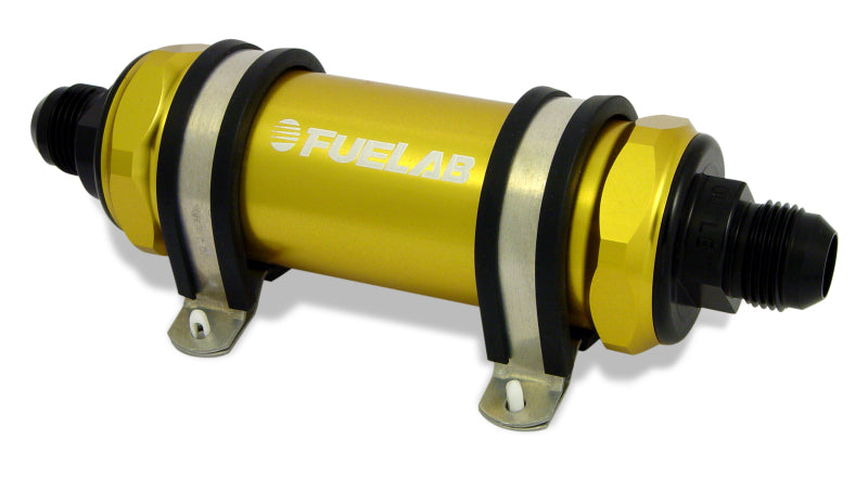 Fuelab 828 In-Line Fuel Filter Long -6AN In/Out 40 Micron Stainless - Gold