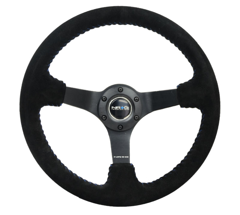 NRG Reinforced Steering Wheel (350mm / 3in. Deep) Blk Suede/Blue BBall Stitch w/5mm Matte Blk Spokes