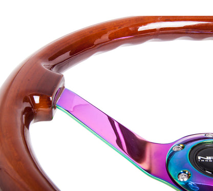 NRG Reinforced Steering Wheel (350mm / 3in. Deep) Classic Dark Wood w/4mm Neochrome Solid 3-Spoke