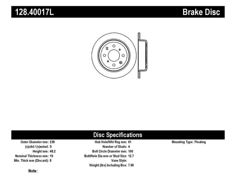 StopTech Acura & Honda Civic/Del Sol Drilled Left Rear Rotor