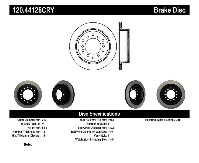 Stoptech 03-09 Toyota 4Runner / 05-14 Toyota FJ Cruiser Rear Performance Cryo Brake Rotor