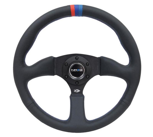 NRG Reinforced Steering Wheel (350mm / 2.5in Deep) Blk Leather w/M3 stitch Matte Blk 3-Spoke Center