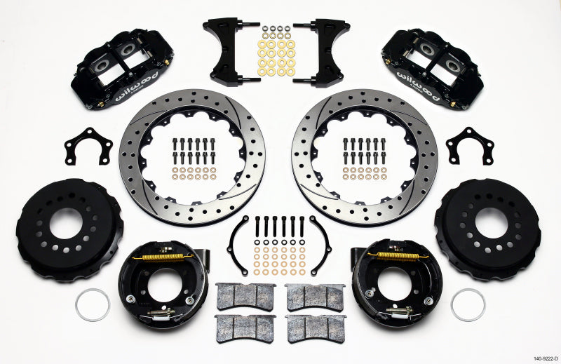 Wilwood Narrow Superlite 4R Rear P-Brk Kit 12.88in Drilled Mopar/Dana 2.36in Off w/Snap Ring Brng