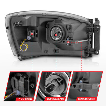 ANZO 06-09 Dodge RAM 1500/2500/3500 Headlights Black Housing/Clear Lens (w/ Light Bars)